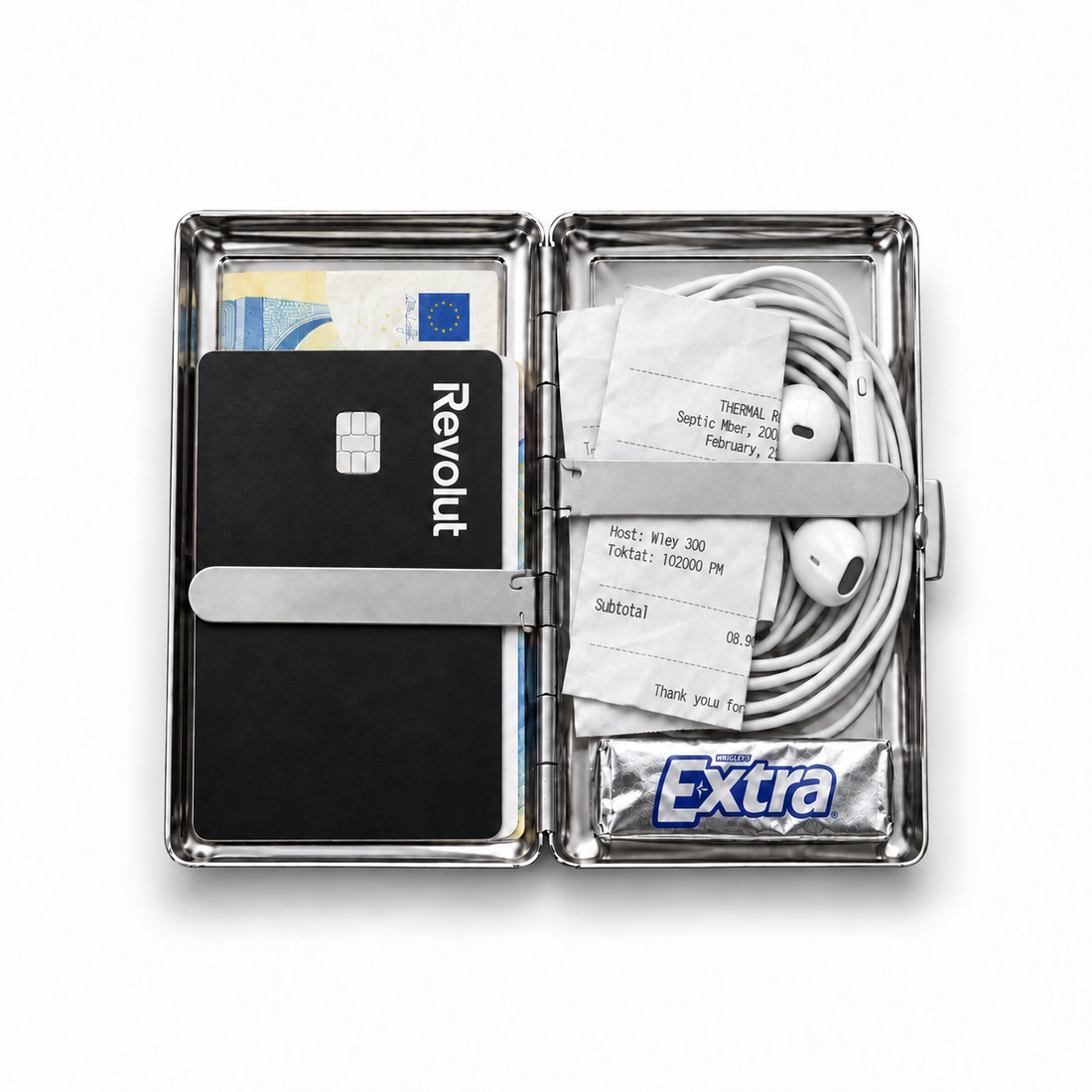 Porte-cartes métallique ouvert avec cartes bancaires rangées à l’intérieur